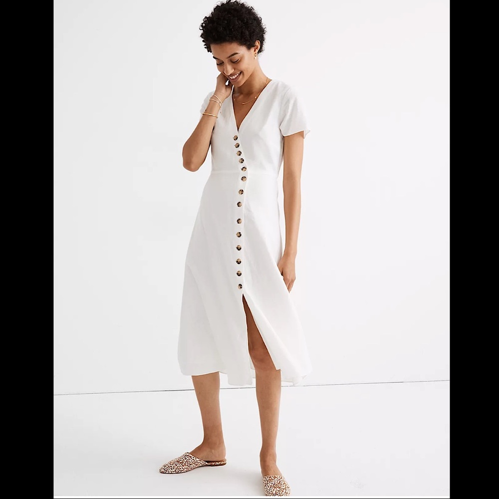 Madewell Petite Linen-Blend Button-Wrap Midi Dress
